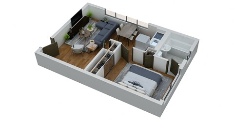 an overhead view of a bedroom and bathroomfloor plan